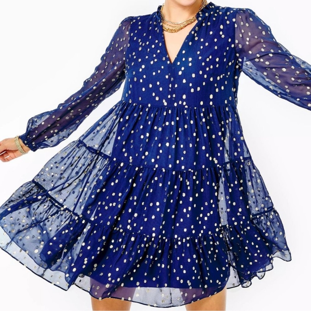 Lilly Pulitzer Sarita Silk Dress Size 2 High Tide Navy Gold Metallic Silk Clip